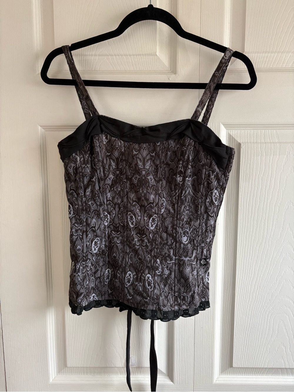 VNTG Y2K Tripp NYC Top Corset Black Skull Embroidery Lace Up Goth Rock S Whimsy